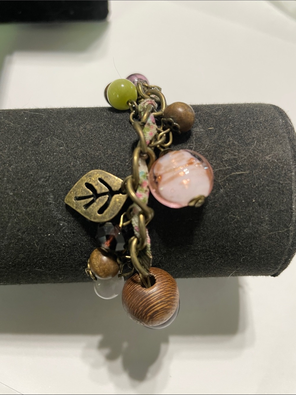 Boho Charm Bracelet with Pink, Green and Wood Beads.  Stretches 9/6/6